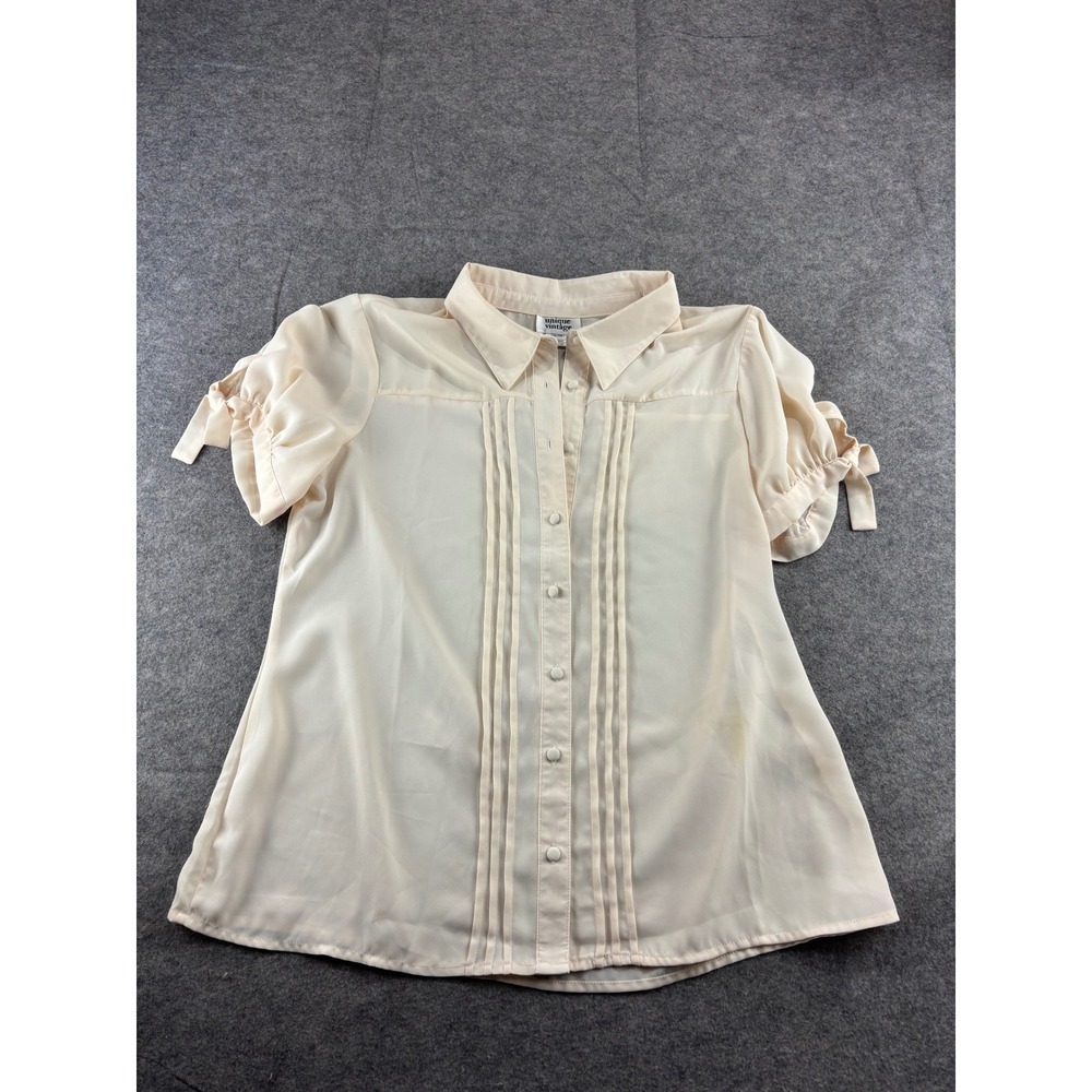 Unique Vintage Cream Pintuck Puff Sleeve Button Up Blouse XL/14 Retro Tie Cuff